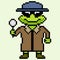 Cute frog detective character pixel art carrying a magnifying glass