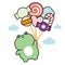 Cute frog hold candy balloon on sky background.Reptile animal