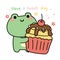 Cute frog hold cherry cup cake cartoon with have a sweet day text