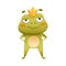 Cute frog prince. Green toad character in golden crown standing on its hind legs cartoon vector illustration