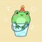 Cute frog is sitting in bucket. Kawaii character in japanese style. Cartoon vector illustration