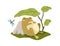 Cute frog sleeping under leaf. Funny lazy froggy asleep in nature. Sleepy animal relaxing, dreaming, lying on grass