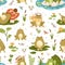 Cute frog and toad characters pattern. Seamless kids background with funny amphibian animals in pond, nature. Repeating