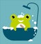 A cute frog with a toothbrush takes a bubble bath