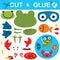 Cute frog using diving equipment with fish and crab. Education paper game for children. Cutout and gluing. Vector cartoon