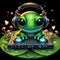 A cute froggy in DJ style, wearing headphone with dynamic pose, lily pad transformed into a DJ booth, fireflies, mushroom, cartoon