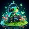 A cute froggy in dynamic pose, wearing headphone, playing music on a lily pad, surrounded by the mushrooms, glowing fireflies