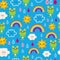 Cute frogs rain drops rainbows clouds seamless pattern