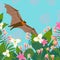 Cute fruit bat for different design. Cartoon style icon of the animal with tropical flowers, leaves