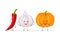 Cute fruit and vegetable cartoon characters isolated on white background vector illustration. Funny garlic, pumpkin.