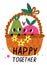 Cute fruits character emblem. Funny friends couple in basket. Happy together. Summer pear and apple. Healthy food mascot