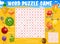 Cute fruits characters on beach word search puzzle