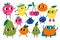 Cute fruits characters. Funny juicy lemons, pears and oranges with happy faces. Healthy nutrition products. Blueberry