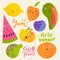 Cute fruits set. Summer cartoon characters with emotions: watermelon, pear, orange, apple with eyes.