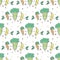 Cute fruits and vegetables hold on to handles. Texture with hand drawn natural foods. Seamless pattern with doodle products