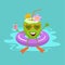 Cute fun green cartoon coconut on vacation swimming in float in the see