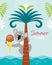 Cute fun koala bear on the palm tree with ice cream cone. Summer time greeting card.