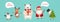 Cute fun New Year characters. Santa Claus, deer, polar bear, snowman with Christmas tree in hands, penguin
