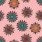 Cute And Fun Wheel Shape Abstract Repeat Pattern In Teal Green, Red And Pink