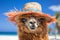 Cute funny alpaca in a straw hat in summer on the beach close-up