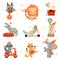 Cute Funny Animals Performing in Circus Show Set, Animal Jumping Through Flaming Hoop, Juggling, Balancing Vector