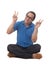 Cute Funny Asian Man Sit Down on Floor and Show Peace Sign