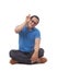 Cute Funny Asian Man Sit Down on Floor and Show Peace Sign
