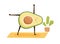 Cute and funny avocado doing sports exercises or practicing yoga on mat. Happy comic fat fruit working out. Colored flat