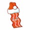 Cute and funny beef bacon laughing happily and wearing Santa`s hat for christmas