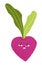 Cute funny beet, vegetable character with amusing happy emotion, face expression. Smiling cheerful joyful beetroot with