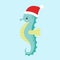 Cute and funny blue seahorse wearing Santa s hat for Christmas and smiling - 