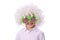 A cute, funny boy in clown white wig and green glasses isolated on white.