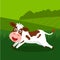 A cute, funny calf runs across a green lawn. flat vector