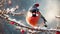 Cute funny cartoon bullfinch bird snowy branch fun design holiday winter snow decoration