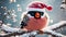 Cute funny cartoon bullfinch bird wearing santa hat on a snowy branch January