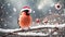 Cute funny cartoon bullfinch bird wearing santa hat a snowy branch January design