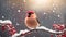 Cute funny cartoon bullfinch bird wearing santa hat on a snowy branch January design