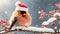 Cute funny cartoon bullfinch bird wearing santa hat snowy branch January holiday