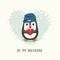 Cute funny cartoon character penguin in knitted hat with heart in paws