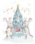 Cute funny cartoon christmas mouse christmas card. Watercolor hand drawn rat animal illustration. New Year 2020 holiday