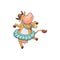 Cute and funny cartoon farm cow with a bell dancing ballet in a tutu, animal character.