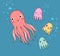Cute funny cartoon octopuses. Sea life. - Vector