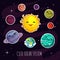 Cute and funny cartoon planets stickers of solar planetary system. Kids astronomy education vector set