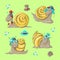 Cute funny cartoon snails in different hats.