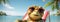 cute funny cartoon turtle on the beach wearing sunglasses comedian