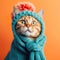 Cute Funny Cat in Blue Knitted Hat, Blue Scarf on Orange background. Breed Maine Coon Tabby Ginger.