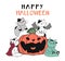 Cute funny cat friend gang group in Halloween costume with smile craved pumpkin flat vector doodle cartoon clip art element for