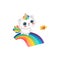 A cute and funny caticorn, cat and a unicorn smiles and runs along the rainbow next to the bird.