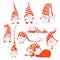 Cute funny christmas characters - white bearded gnomes in different positions with red hats. Christmas gnomes set, hand
