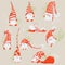 Cute funny christmas characters - white bearded gnomes in different positions with red hats and splashes from behind